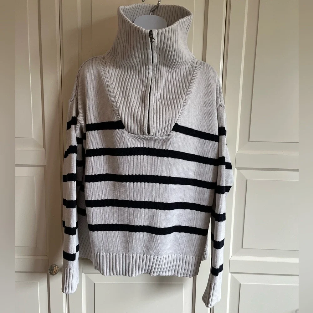 Zara Quarter Zip Striped oversize  Sweater Black and Whitish Taupe Size Medium - Picture 8 of 14
